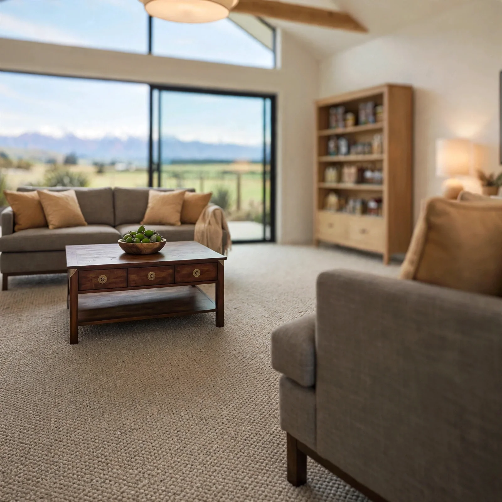 A cozy living room with beige carpet, a gray sofa with beige pillows, a wooden coffee table with a bowl of green grapes, a bookshelf, a lamp, and a sliding glass door opening to a scenic view of mountains and fields.
