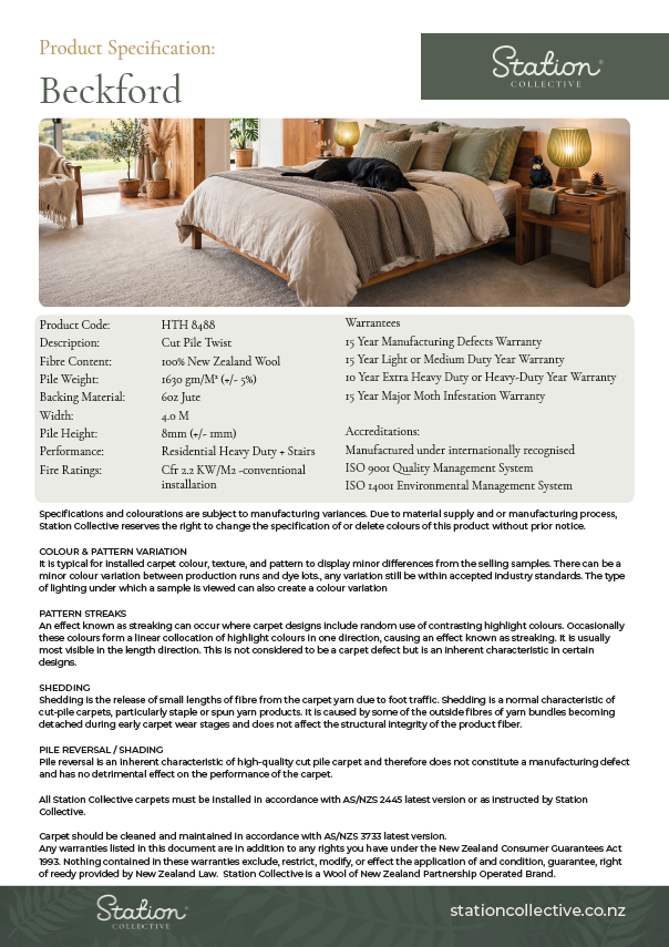 Product specifications sheet for 'Beckford' bedroom furniture from Station Collective, featuring a modern bedroom with a bed, side tables, lamps, and decor.
