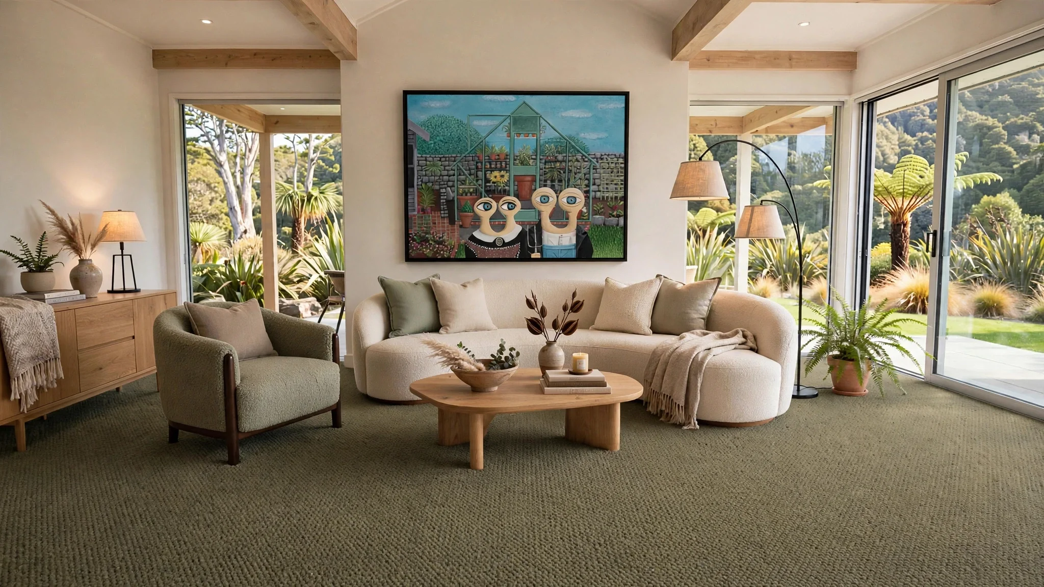 A living room with large sliding glass doors showing a lush outdoor garden with trees and plants. The room has beige sofas, a wooden coffee table with decorative items, a sideboard with lamps and plants, and a colorful framed artwork featuring abstract faces and plants on the wall.