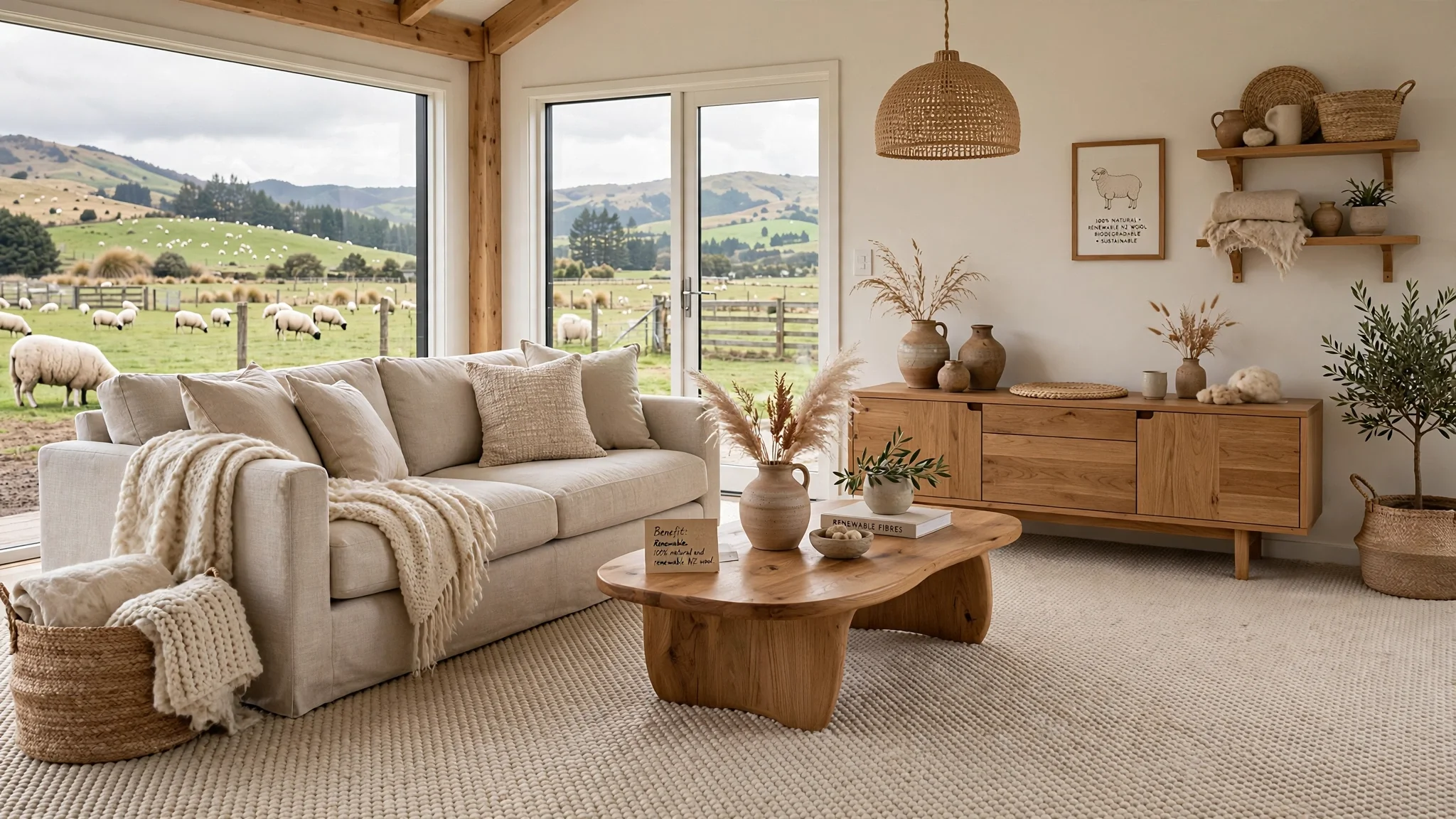 A cozy living room with a beige sofa, neutral throw blanket, and pillows, overlooking a scenic pasture with grazing sheep through large windows. Decor includes wooden furniture, vases with dried plants, and wall shelves with baskets and pottery.