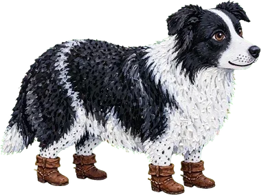 A dog with the body of a sheep wearing brown shoes.