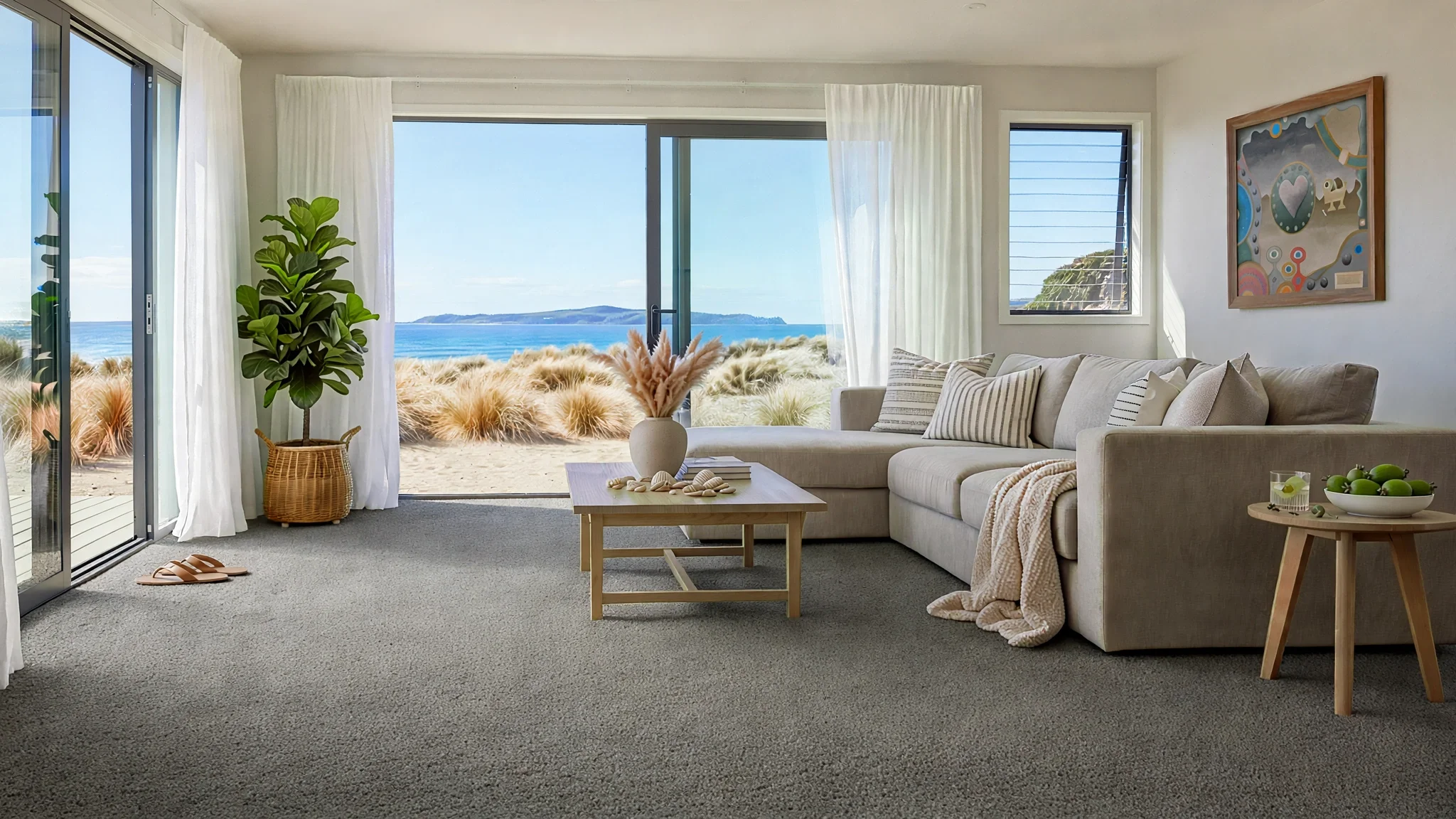 Coastal living room with large windows showing a beach and ocean view, beige sectional sofa with striped and solid pillows, wooden coffee table with seashells and a ceramic vase with pampas grass, potted plant, abstract artwork on the wall, white curtains, and slippers on the carpeted floor.
