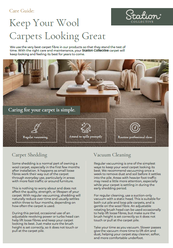 A carpet cleaning guide with tips for maintaining wool carpets, including vacuuming and stain prevention, set in a living room with sofas and a coffee table.