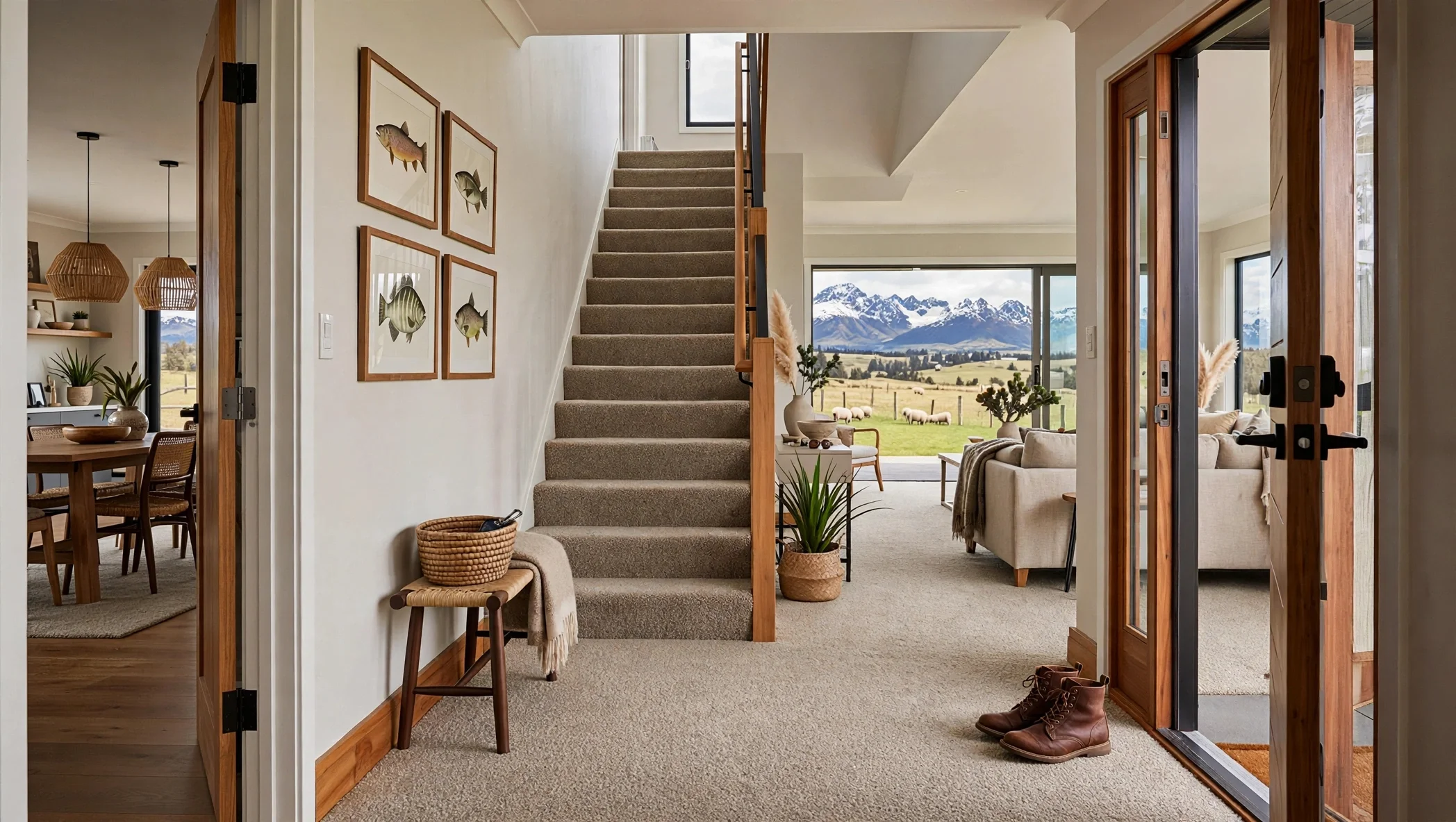 Interior of a house entryway with stairs, view of a living room with a large window showing mountains, and a dining area, decorated with plants and framed fish art.