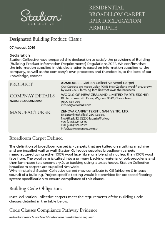 Declaration letter from Station Collective regarding broadloom carpets, including details about the ARMITDALE wool carpet product, manufacturer information, and building code compliance.