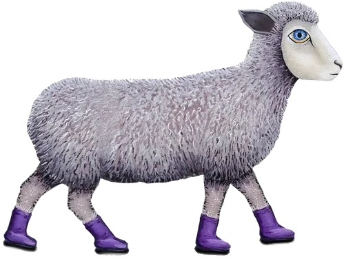 A cartoon sheep with a human-like face, wearing purple boots.