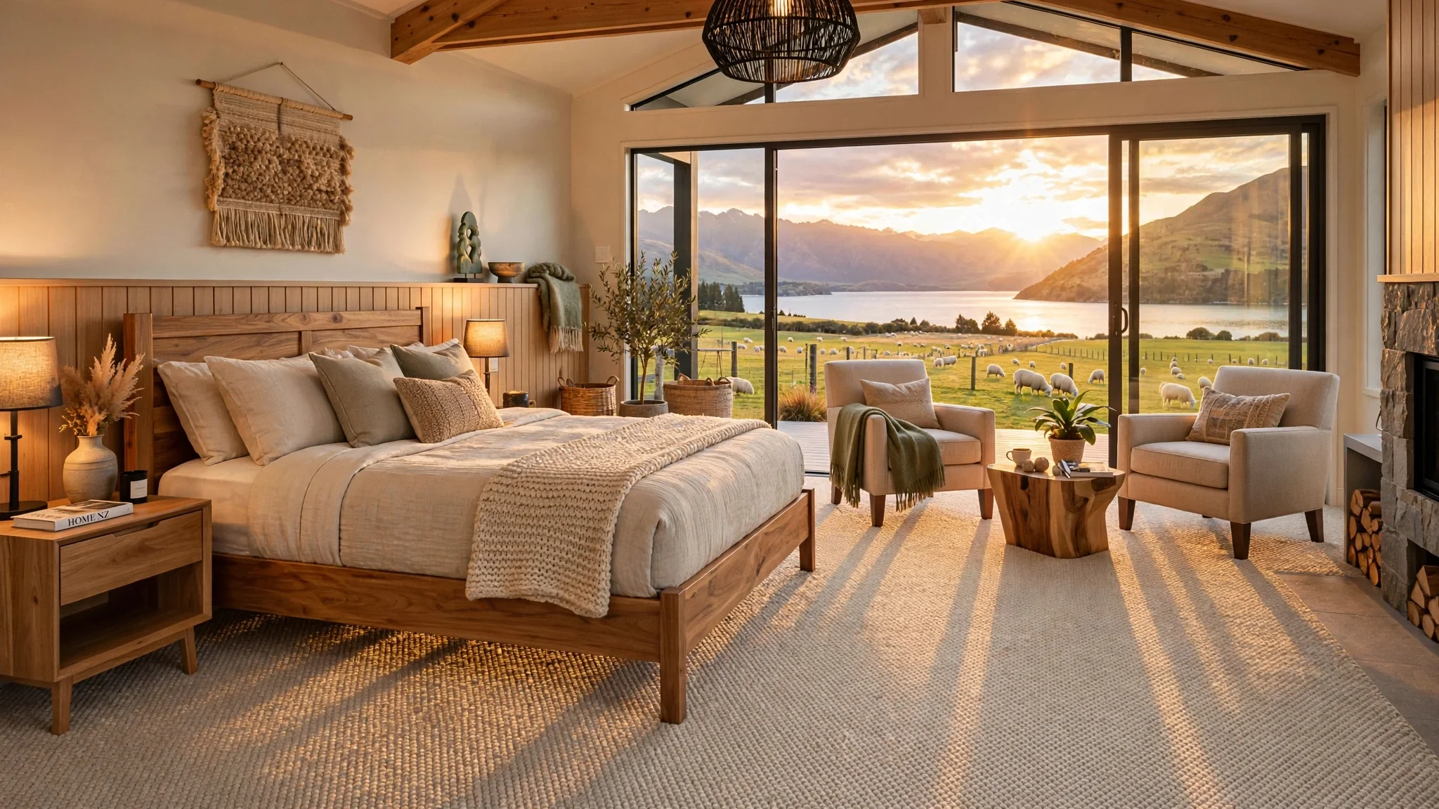 A bedroom with a large bed and beige bedding, wooden nightstands, and lamps. A sitting area with two chairs, a small table, and an indoor plant. Floor-to-ceiling glass doors reveal a scenic view of a lake, green fields, sheep, and mountains at sunset.