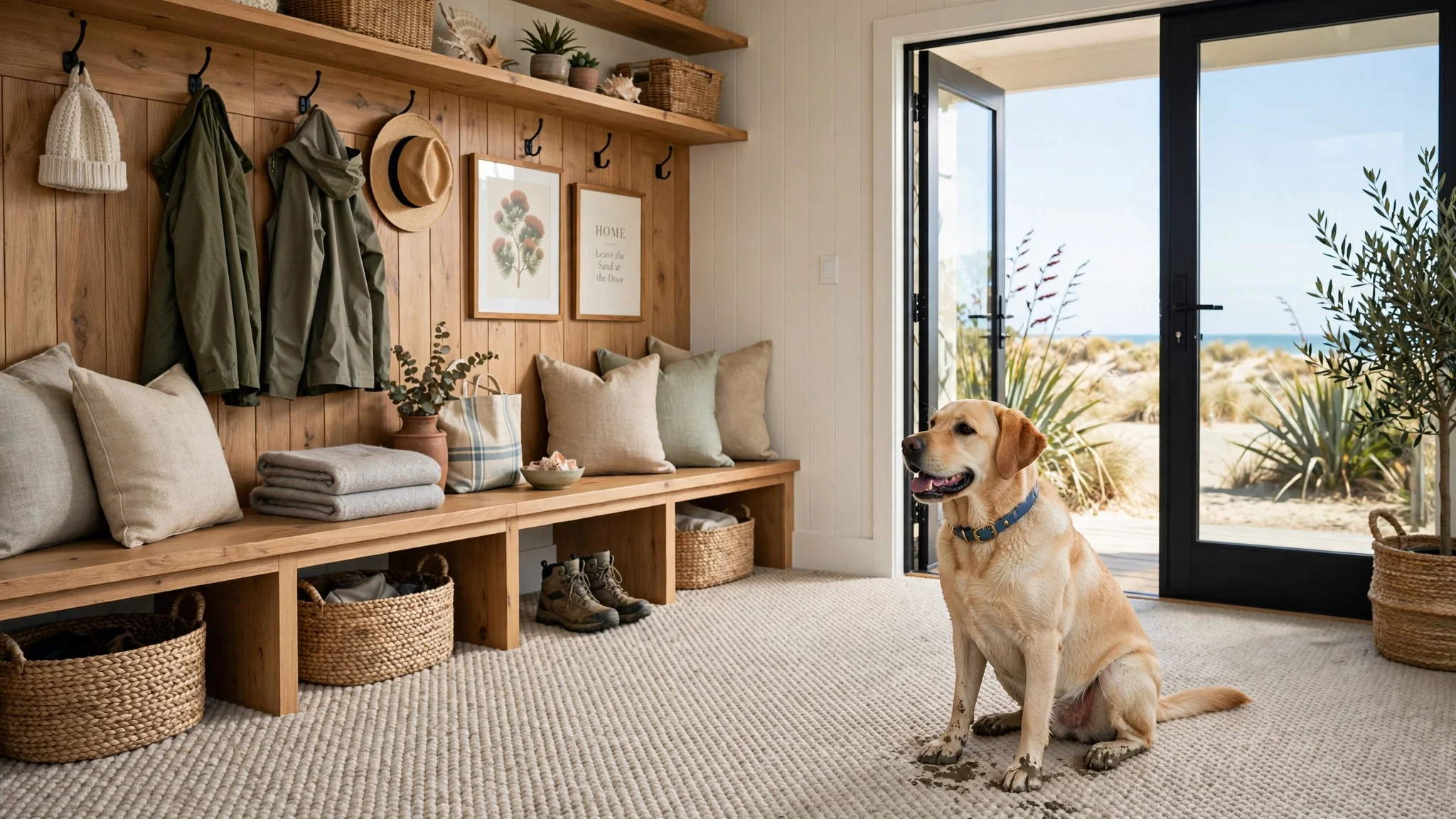 A cozy entryway with a wooden wall featuring hooks holding coats, hats, and a framed print. A bench below the wall has cushions, folded blankets, and small storage baskets. Near the sliding glass door, a happy yellow Labrador sits on a light-colored rug, with desert plants visible outside.