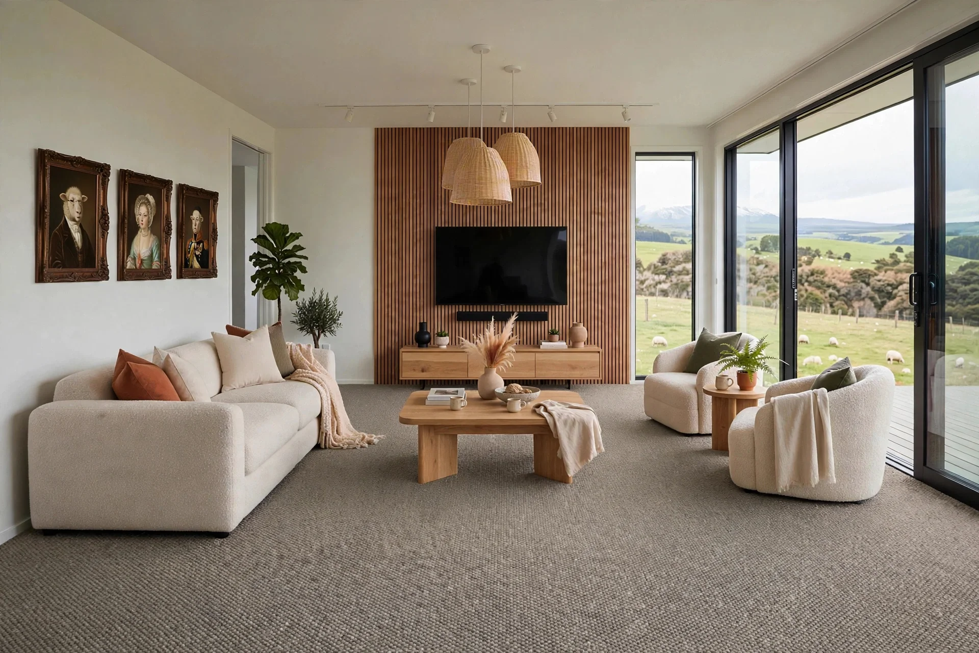 A living room with cream-colored sofas, a wooden coffee table, and a large window with a scenic view of green fields and sheep.