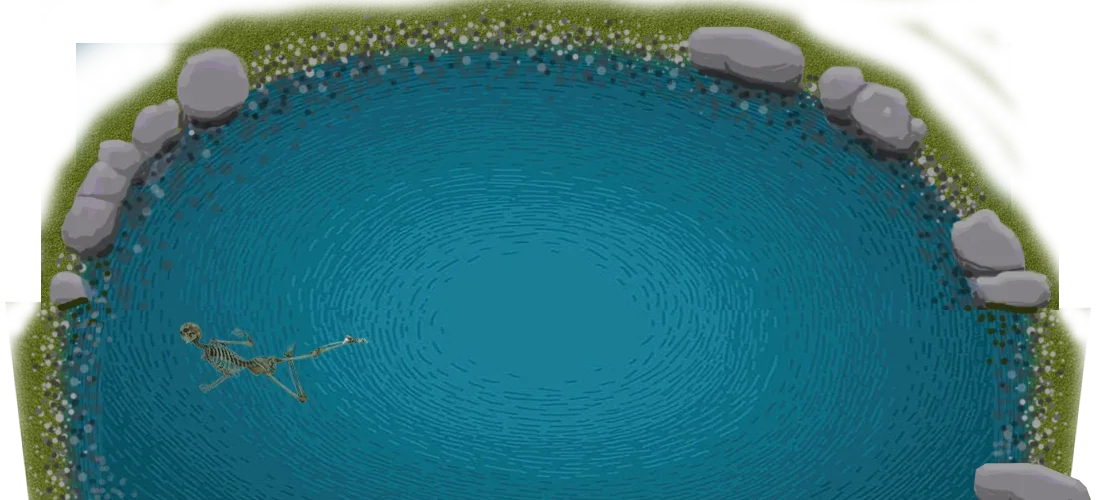 A skeleton floating in a small, circular pond surrounded by rocks and grass.