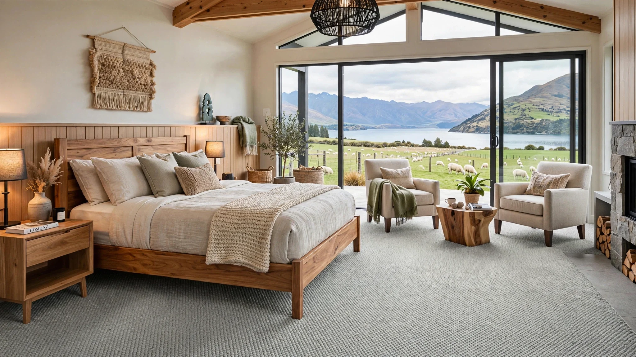 A cozy bedroom with a view of a lake and mountains through large glass sliding doors. The room features a wooden bed with neutral bedding, two beige armchairs, wooden side tables, and decorative items. There is a woven wall hanging above the bed and a black pendant light fixture.