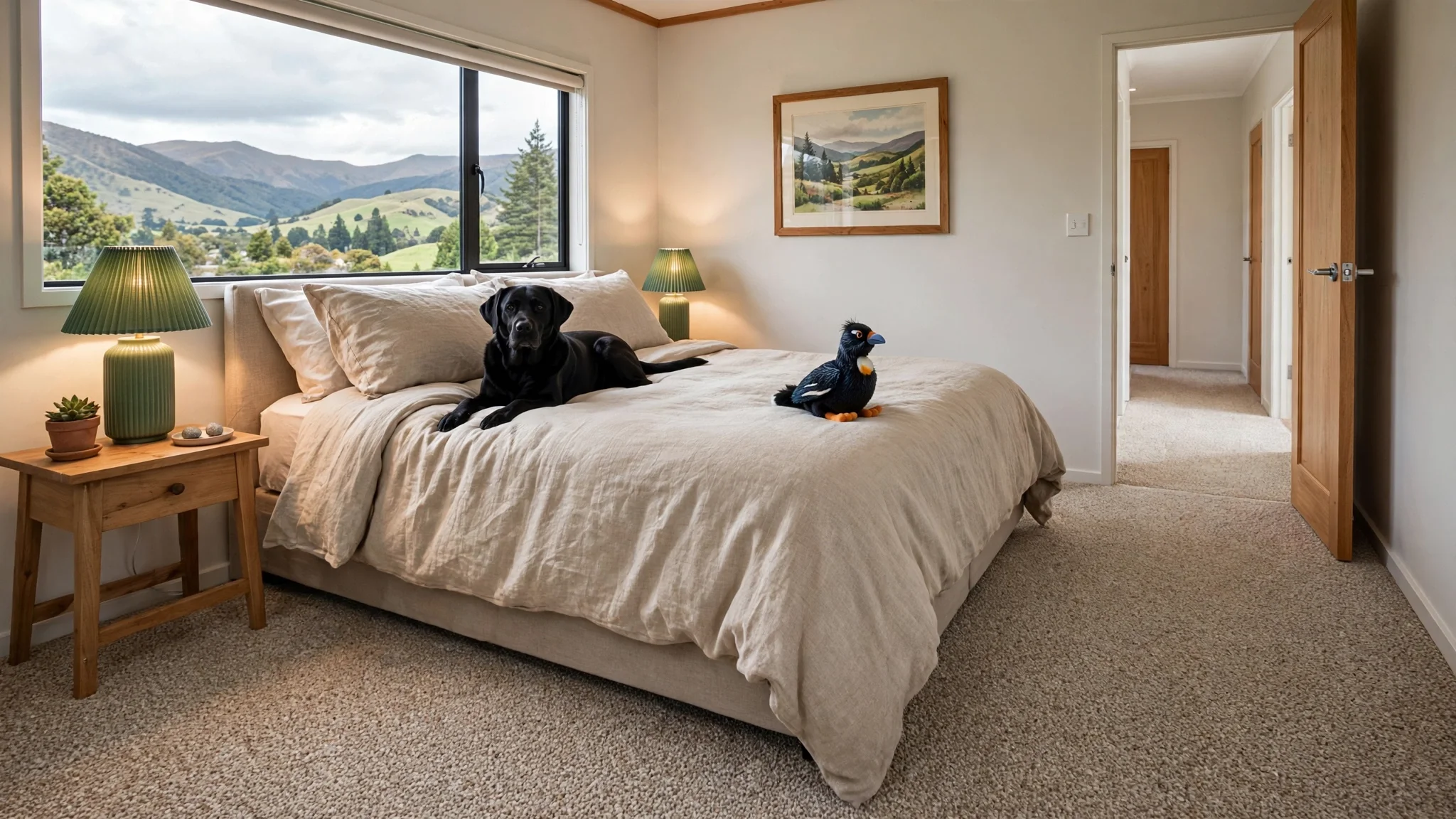 A bedroom with a bed, black dog, and a plush toy on the bed. The room has a window with a view of mountains, side tables with green lamps, and framed landscape art on the wall.