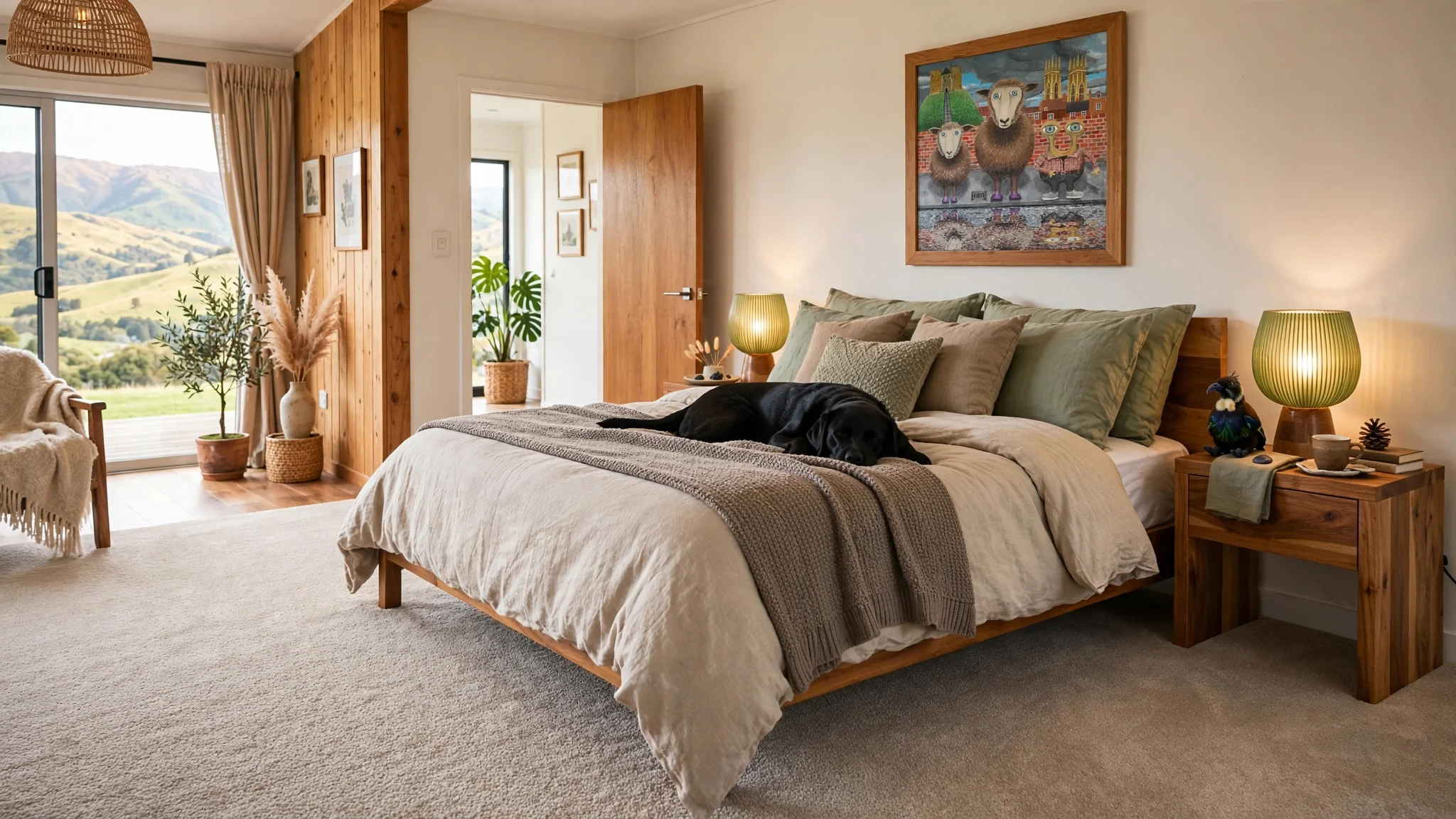 A cozy bedroom with a large bed covered in beige bedding and multiple pillows, a black dog sleeping on the bed, wooden side tables with lamps, a framed colorful painting of animals hanging above the bed, and a sliding glass door leading to a balcony with views of green hills and mountains.