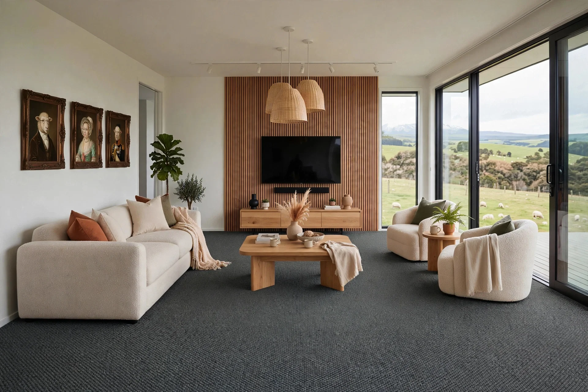 Living room with white sofa, armchair, and modern decor, large windows showing green fields with sheep, wooden accents, and hanging wicker lamps.
