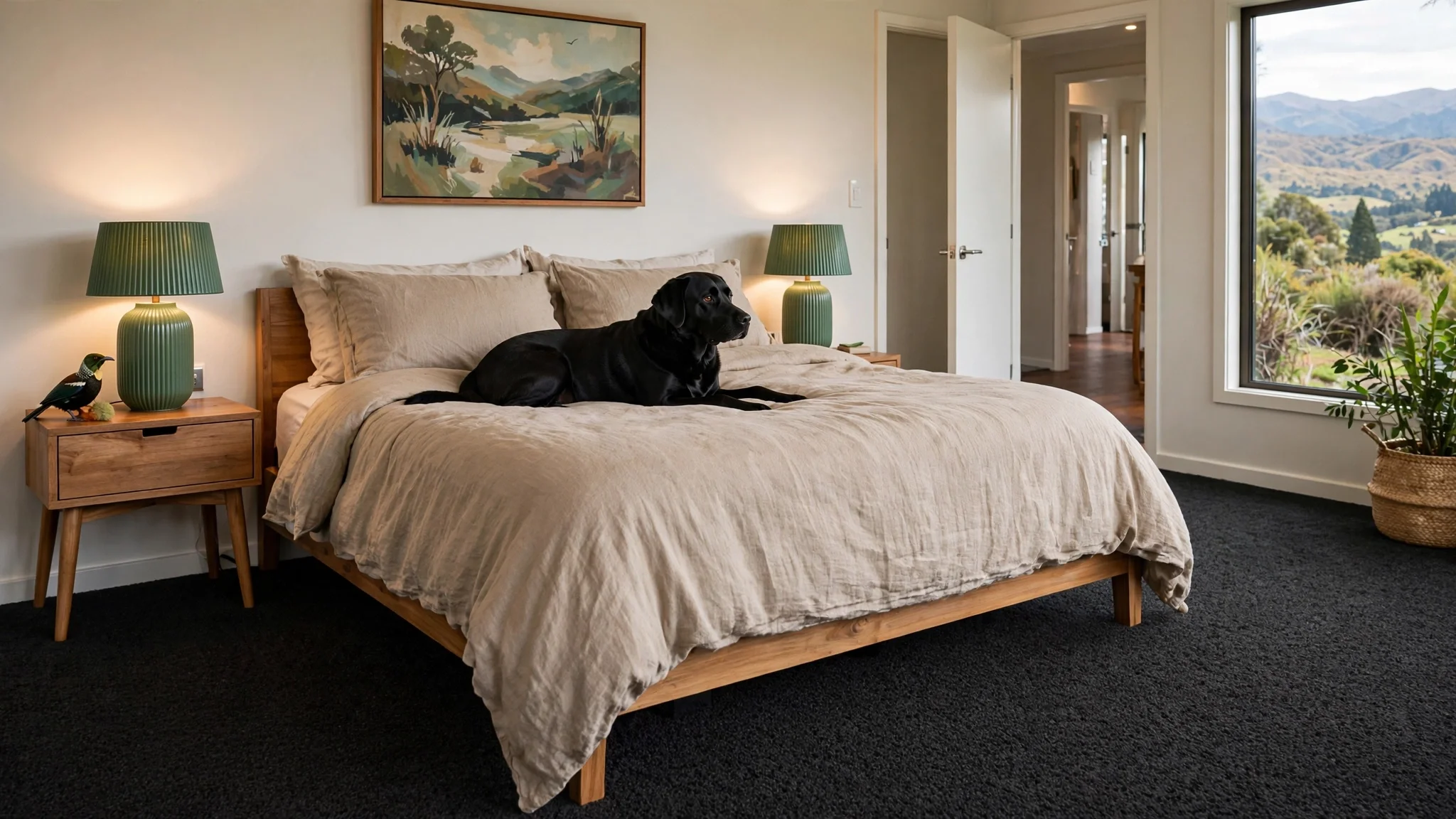A cozy bedroom with a black dog lying on a beige bedspread. The room has a wooden bed frame, two green bedside lamps, a small wooden nightstand with a decorative bird figure, and a large window with a view of rolling hills and mountains.