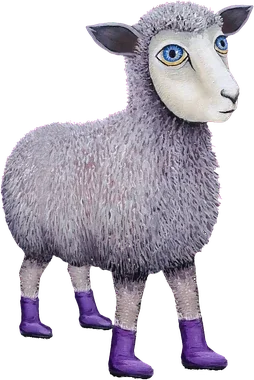 A whimsical sheep with a human-like face, large blue eyes, and wearing purple boots.