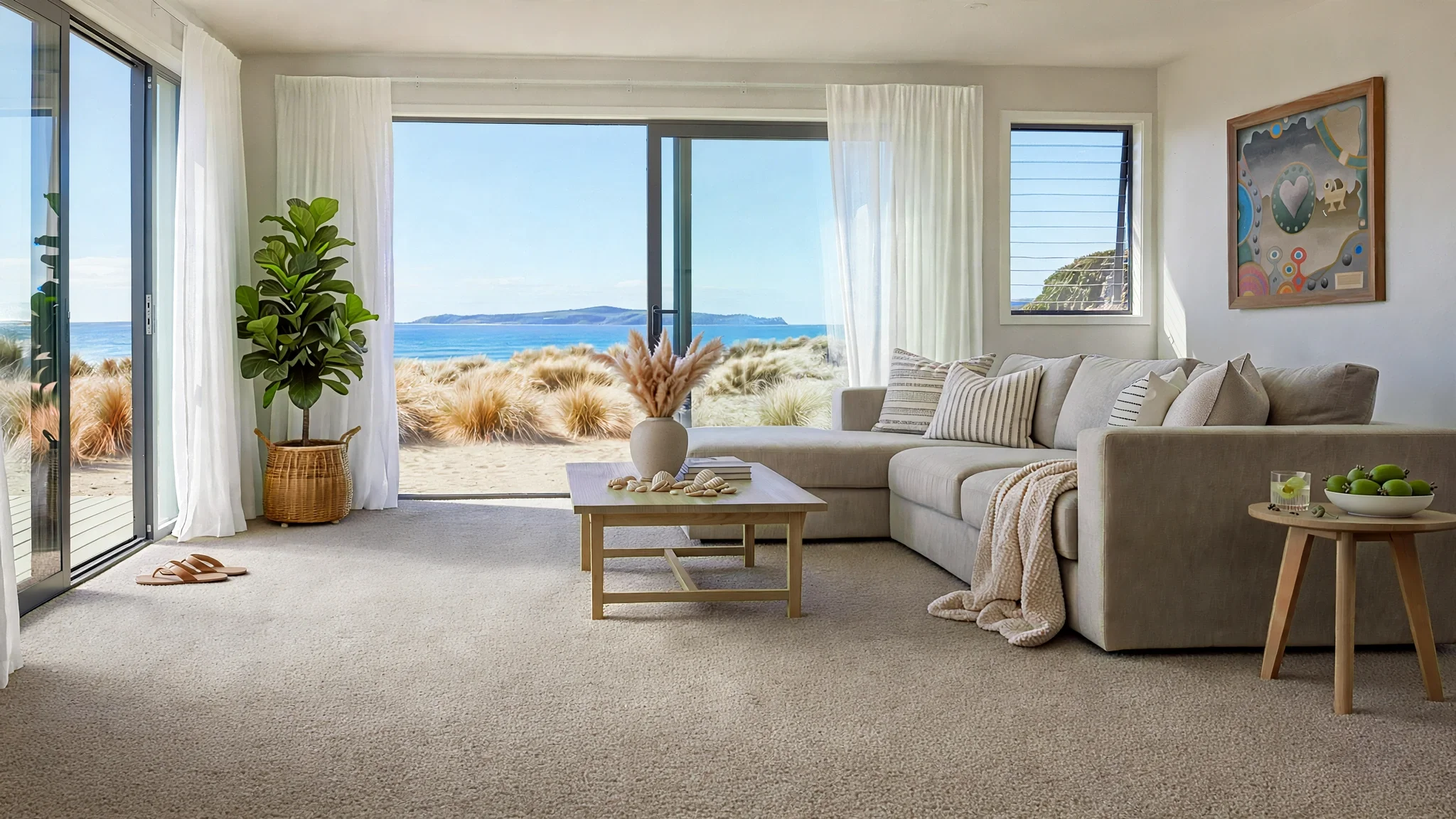 Living room with large glass doors and windows overlooking a beach and ocean, beige sectional sofa with pillows, wooden coffee table with shells, potted plant, and wall art.