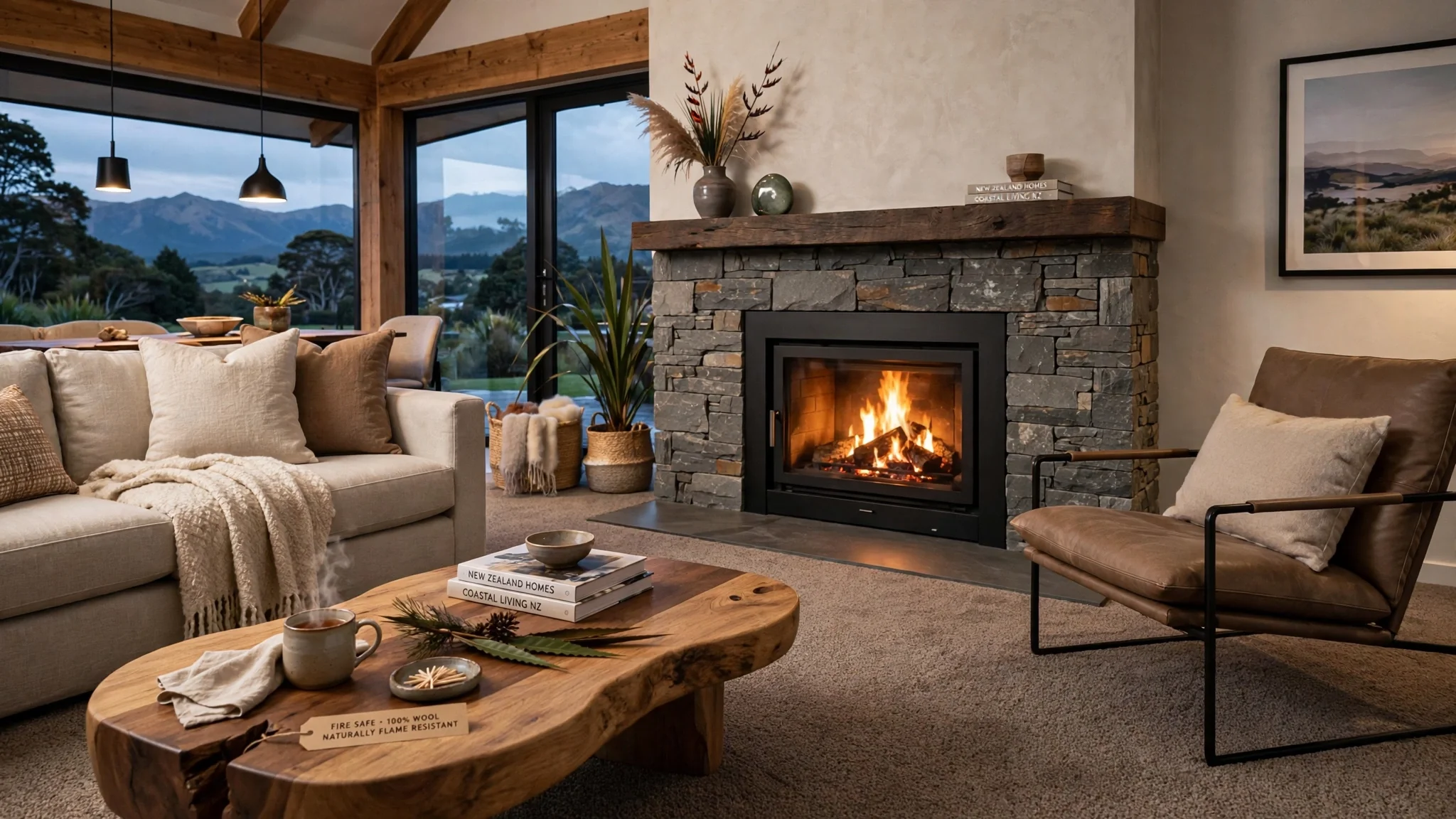 Living room with a stone fireplace burning, beige and brown furniture, decorative plants, books, and a scenic mountain view through large windows.