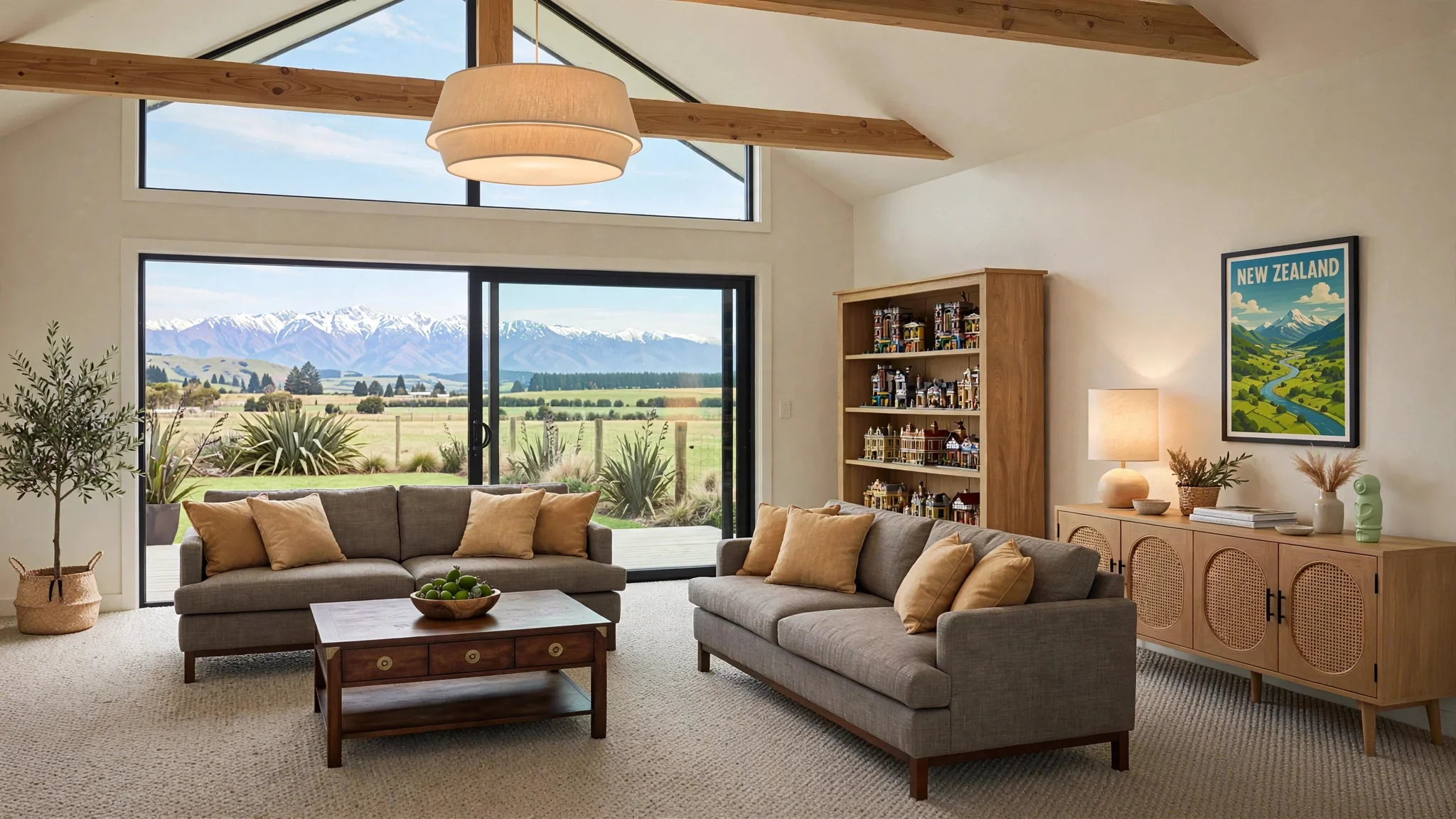 A living room with large windows revealing a mountain view, featuring a sofa with beige cushions, a wooden coffee table with green apples, and a decorative bookshelf with books and figurines. There is a framed landscape picture on the wall and a sideboard with decor and a table lamp.