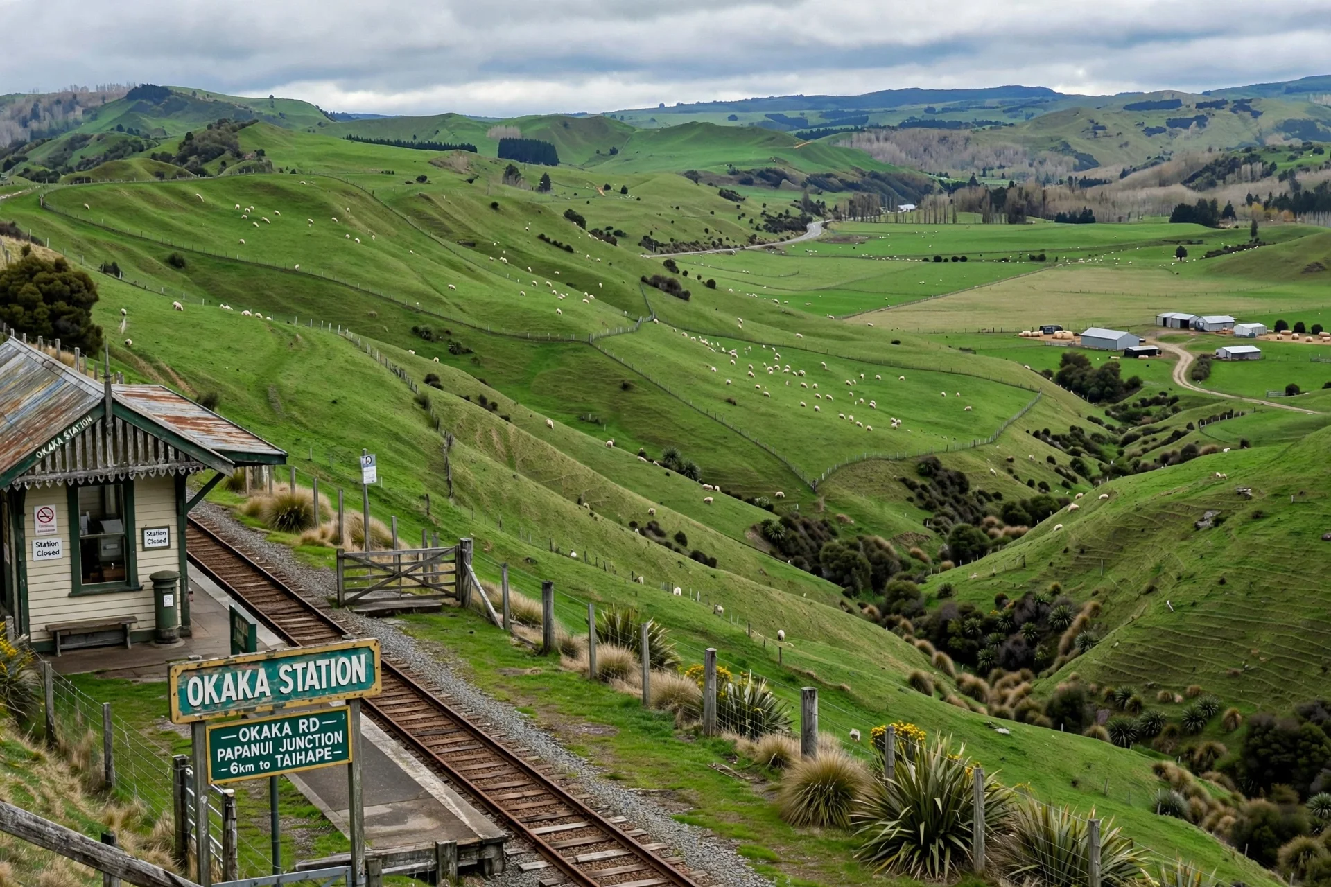 Green rolling hills with sheep scattered across the landscape. A train station sign reads 'Okaka Station' in the foreground, with railway tracks and a small station building. Distant farm buildings and a curving road can be seen in the background under a cloudy sky.