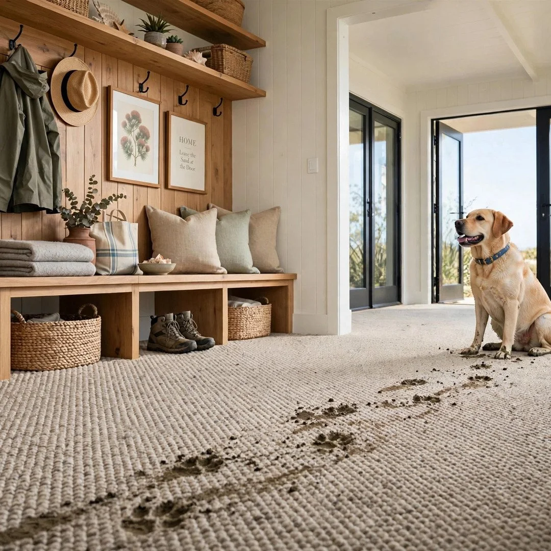 A Labrador Retriever sitting inside a home with dirt paw prints on a beige carpet. The room features a wooden bench with cushions and baskets, wall hooks with hats and jackets, and open glass doors leading outside.