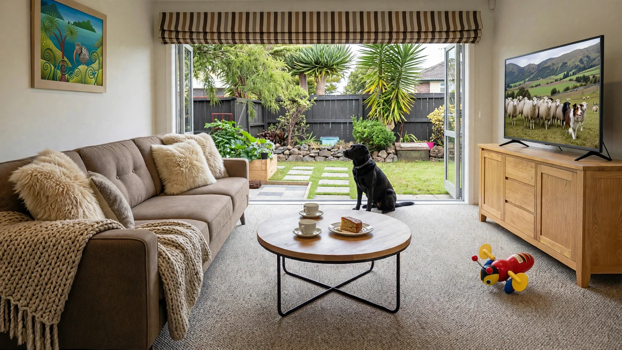 Living room with open sliding doors leading to a backyard garden, with a black dog sitting on the floor near the doors. There are beige sofas with fluffy pillows, a wooden TV stand with a flat-screen TV, and a round coffee table with cups and a piece of cake. Toys are on the carpeted floor. The garden has lush green plants, a stone pathway, and a black fence.