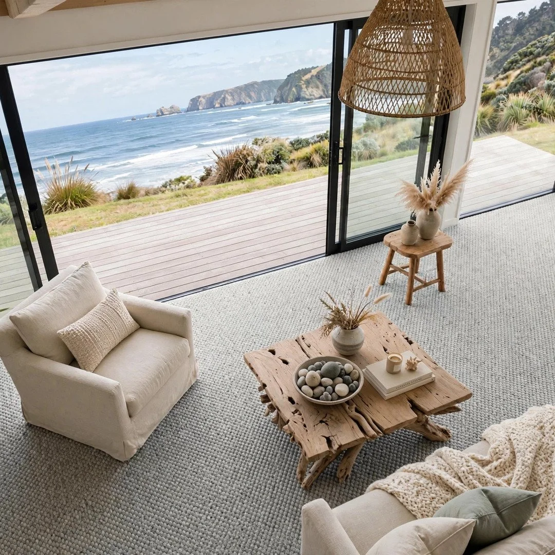 Living room with neutral-colored furniture, wooden coffee table with decorative stones and vases, large sliding glass doors opening to a deck with a view of the ocean and coastline.
