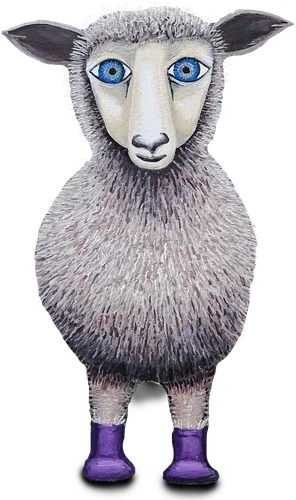 A sheep with a human-like face, big blue eyes, wearing purple shoes, standing against a black background.