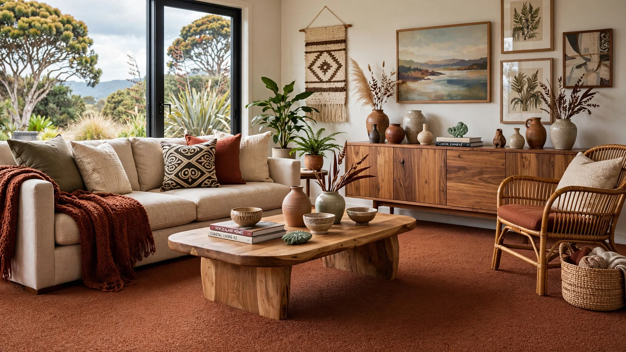 A cozy living room with a beige sofa adorned with cushions and a rust-colored throw, facing a wooden coffee table with decorative bowls and books. Behind the sofa is a large window revealing a view of trees and mountains. The wall features framed landscape art and a woven wall hanging, with various vases and plants on a wooden sideboard. A wicker chair with a cushion sits to the right of the coffee table, and a large plant adds greenery to the space.