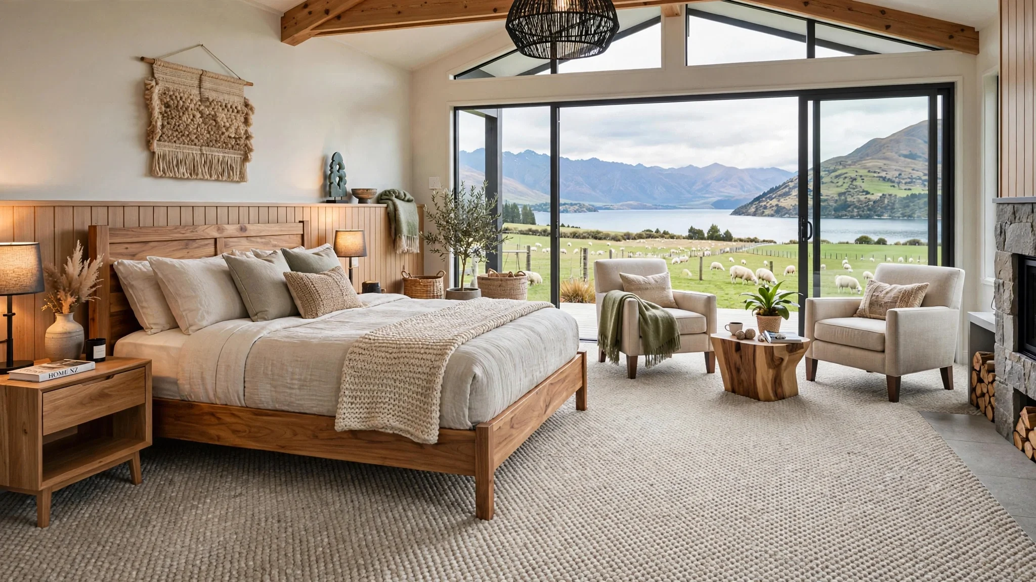 A bedroom with a large bed, beige bedding, and pillows, next to a window overlooking a scenic lake and mountains, with two white armchairs, a wooden side table, and decorative items.