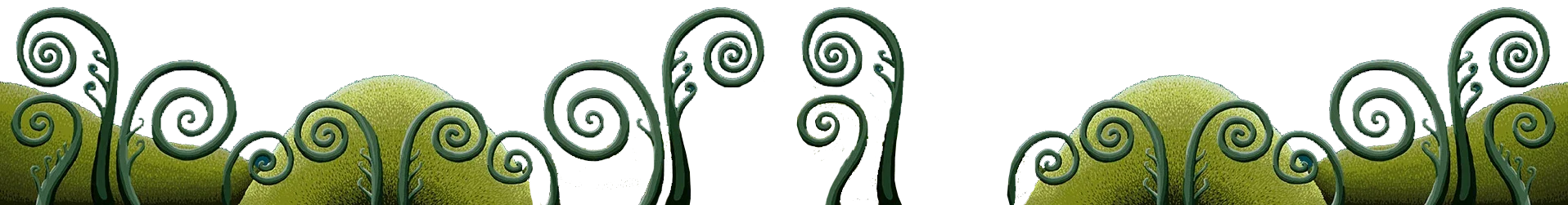 Illustration of whimsical twisted green vines and tendrils with round green foliage in background.