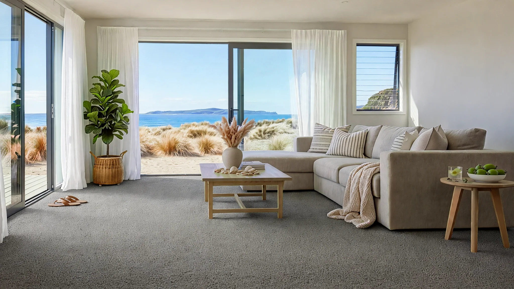 Living room with large sliding glass doors and windows overlooking a beach and ocean, with sand dunes and vegetation outside. The room has a beige sectional sofa decorated with striped and solid pillows, a small wooden coffee table with seashells and books, a potted plant in a wicker basket, a side table with green apples and a drink, and a beige textured rug.