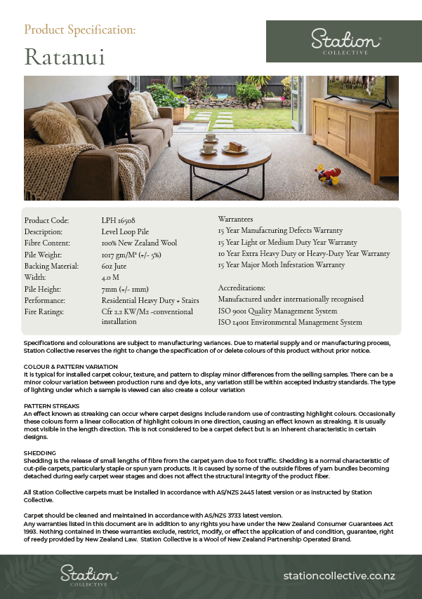 Product advertisement for Ratanui carpet, showing a living room with a dog on the sofa, a coffee table, and a wooden TV stand, with a garden visible through sliding glass doors.
