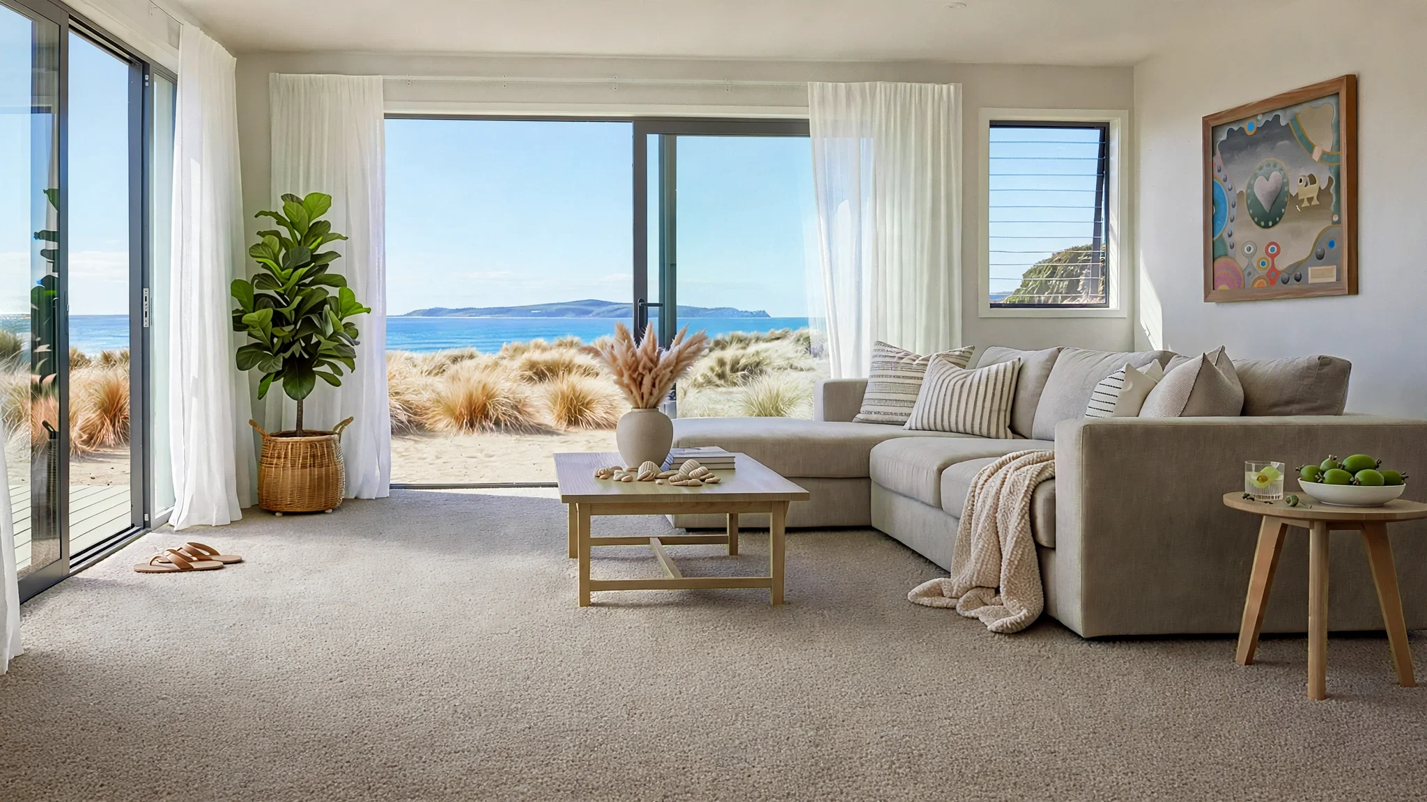 Living room with large sliding glass door and ocean view, beige sectional sofa with striped and neutral pillows, coffee table with decorative shells, potted plant in woven basket, framed artwork on white wall, small side table with green apples, white curtains, and a beige carpet.