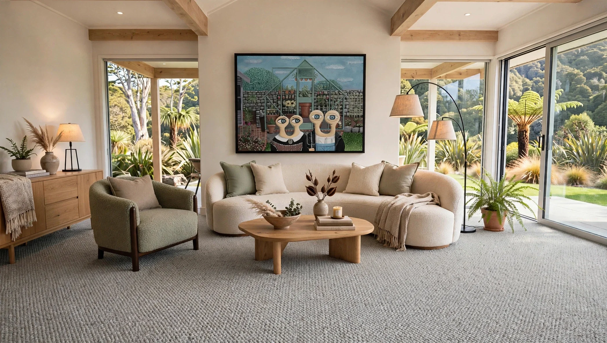 Living room with beige sofa and armchair, wooden coffee table with decorative items, large windows showing greenery outside, artwork on the wall, and plants inside.