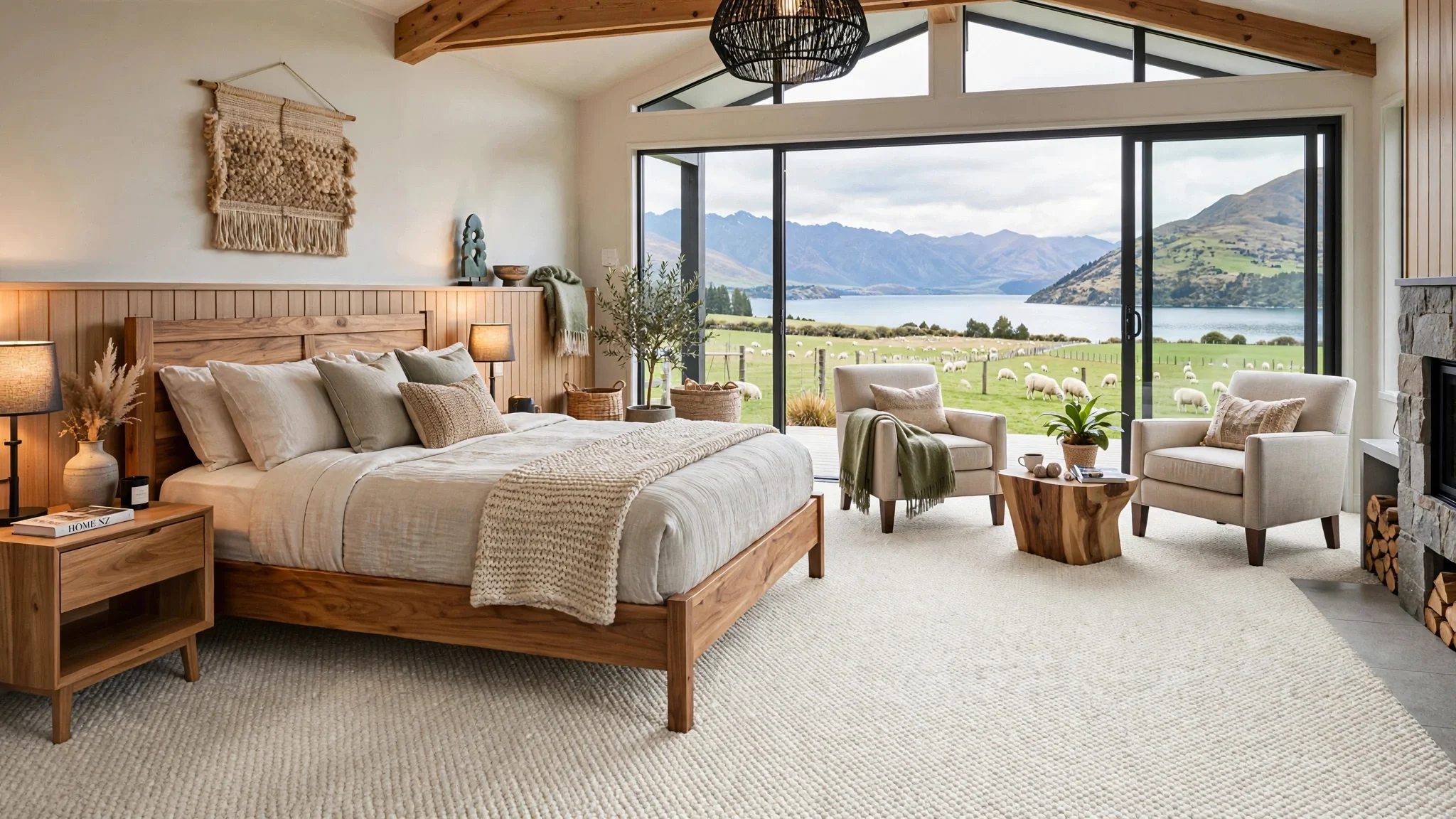 A cozy bedroom with a large bed, nightstands, and lamps. Large glass sliding doors reveal a scenic landscape of mountains, lake, and pasture with sheep. The room features wood accents, neutral linens, and decorative plants.