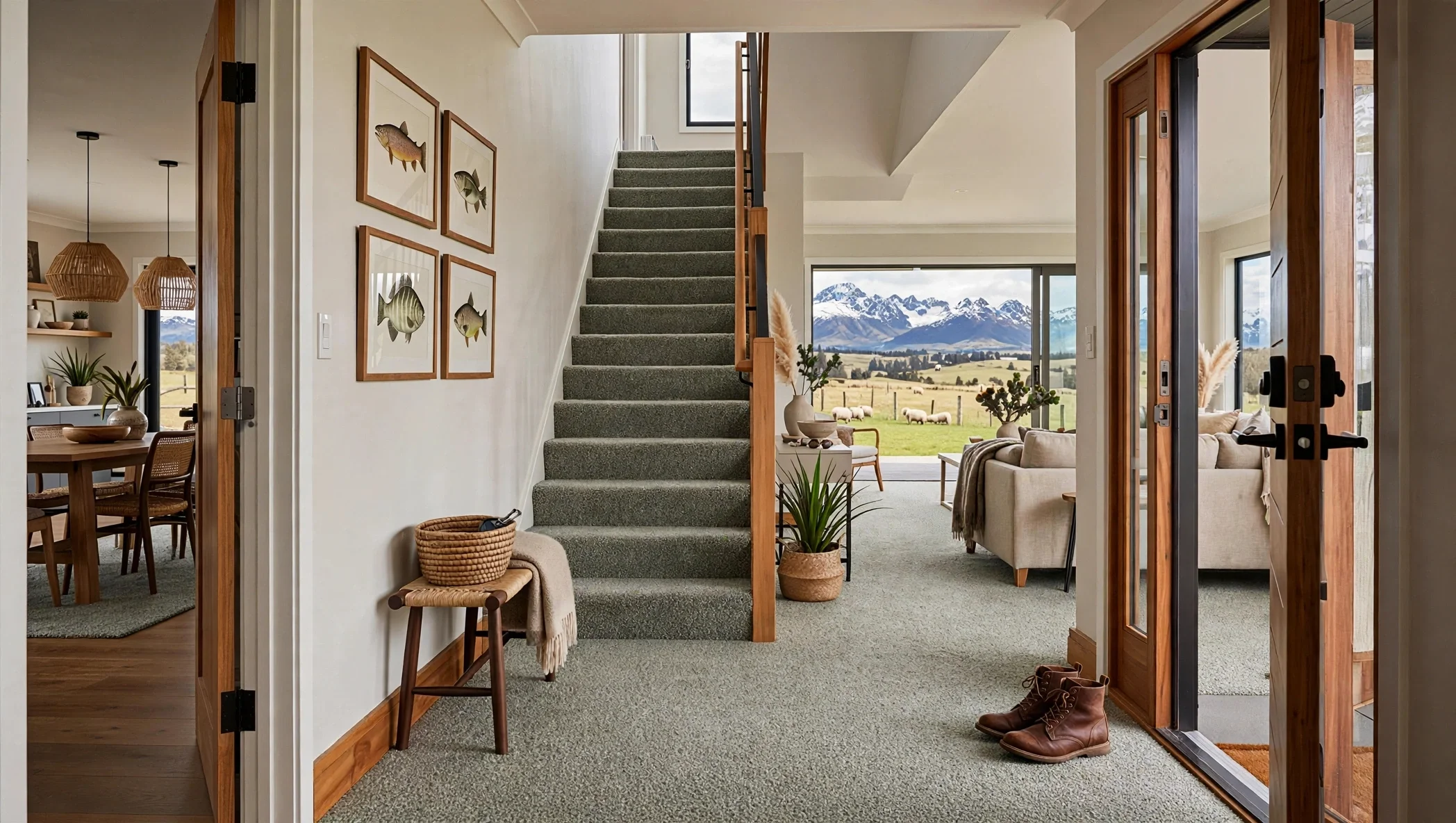 View of a modern home interior featuring a staircase with green carpet, large windows showing mountains and a pasture with sheep, and living room furniture.