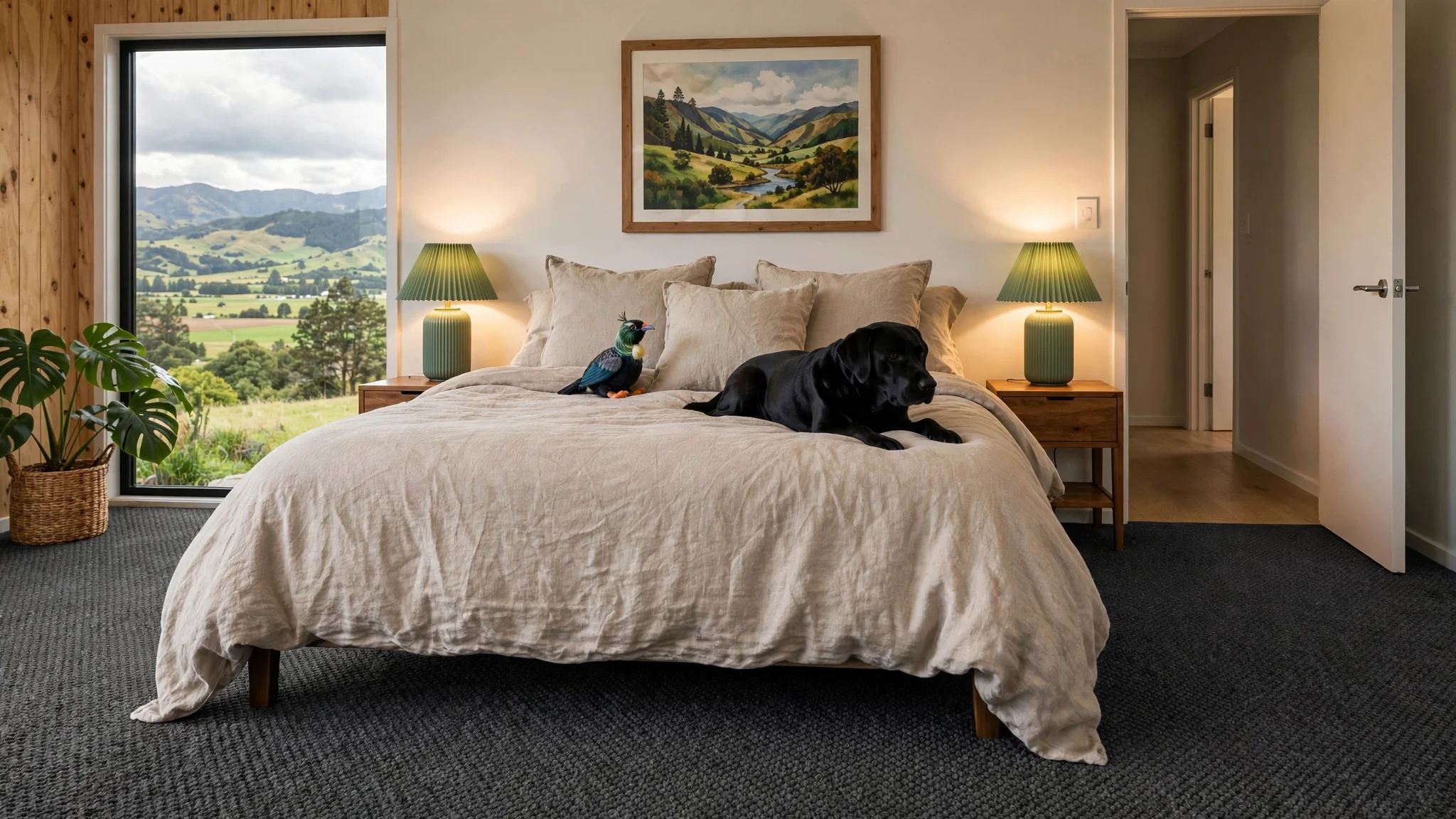 A bedroom with a large window showing a scenic view of hills and trees. The bed has a beige bedspread, a black dog lying on it, and a colorful plush bird. Two matching green lamps are on nightstands beside the bed. A framed landscape painting hangs above the bed. There is a potted plant on the left side of the image near the window.