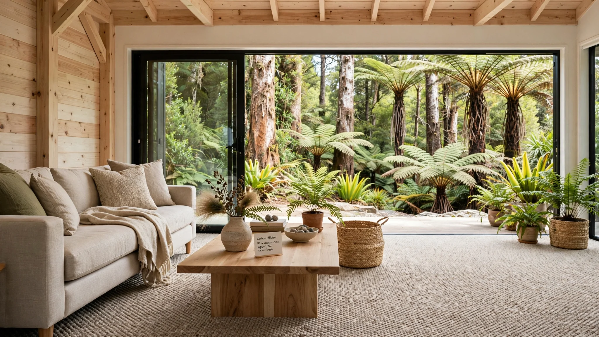 Living room with beige sofa, wooden coffee table, and potted plants, overlooking a dense forest through large sliding glass doors.