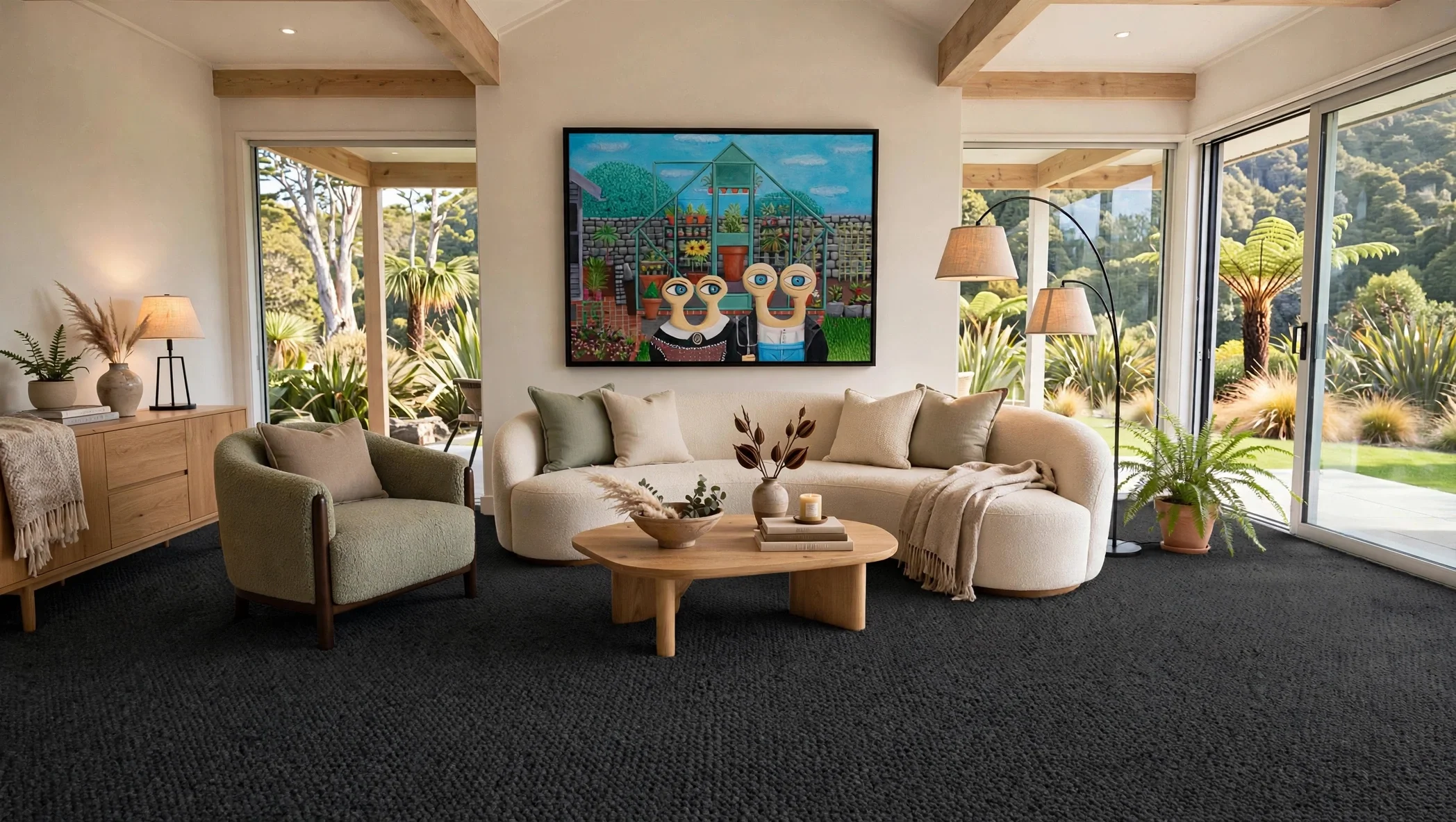 Living room with beige and green furniture, large windows showing an outdoor garden with trees and plants, a colorful painting on the wall, wooden side table with lamp and plant, ceiling beams, and a black carpet.