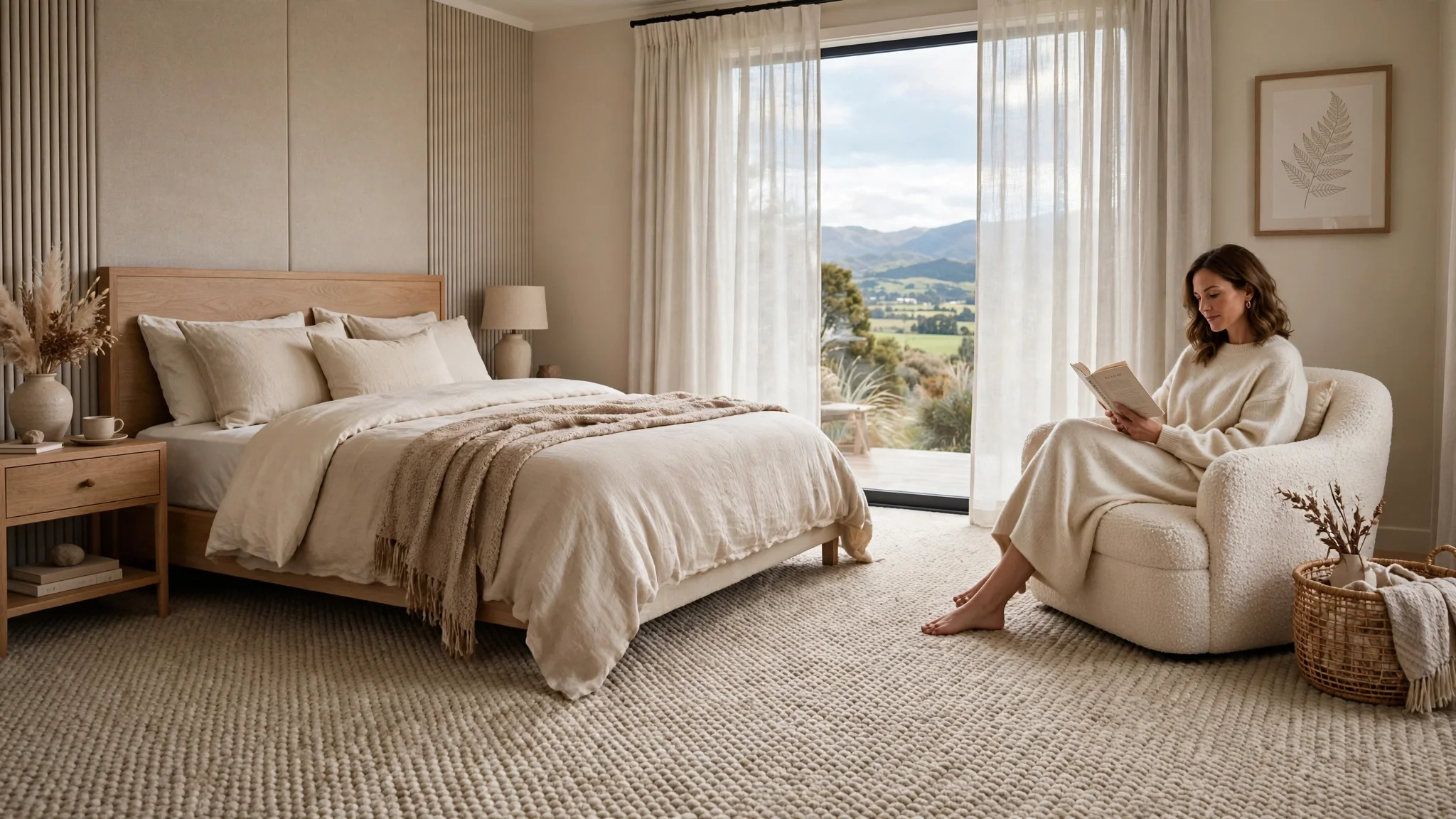 A cozy bedroom with a large bed, beige bedding, and a wooden headboard. There is a bedside table with a lamp, vase with dried flowers, and a cup. A woman sits on a plush armchair reading a book, with large windows and a scenic mountain view in the background. The room has neutral tones and textured decor.