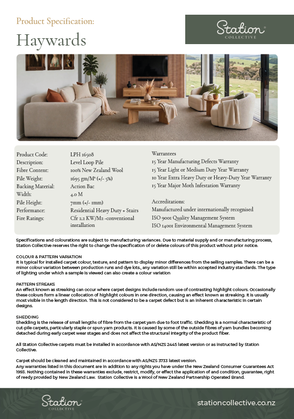 Product information sheet for Haywards carpet, featuring a modern living room with cream-colored sofas, armchairs, a wooden coffee table, and large glass doors leading outside.