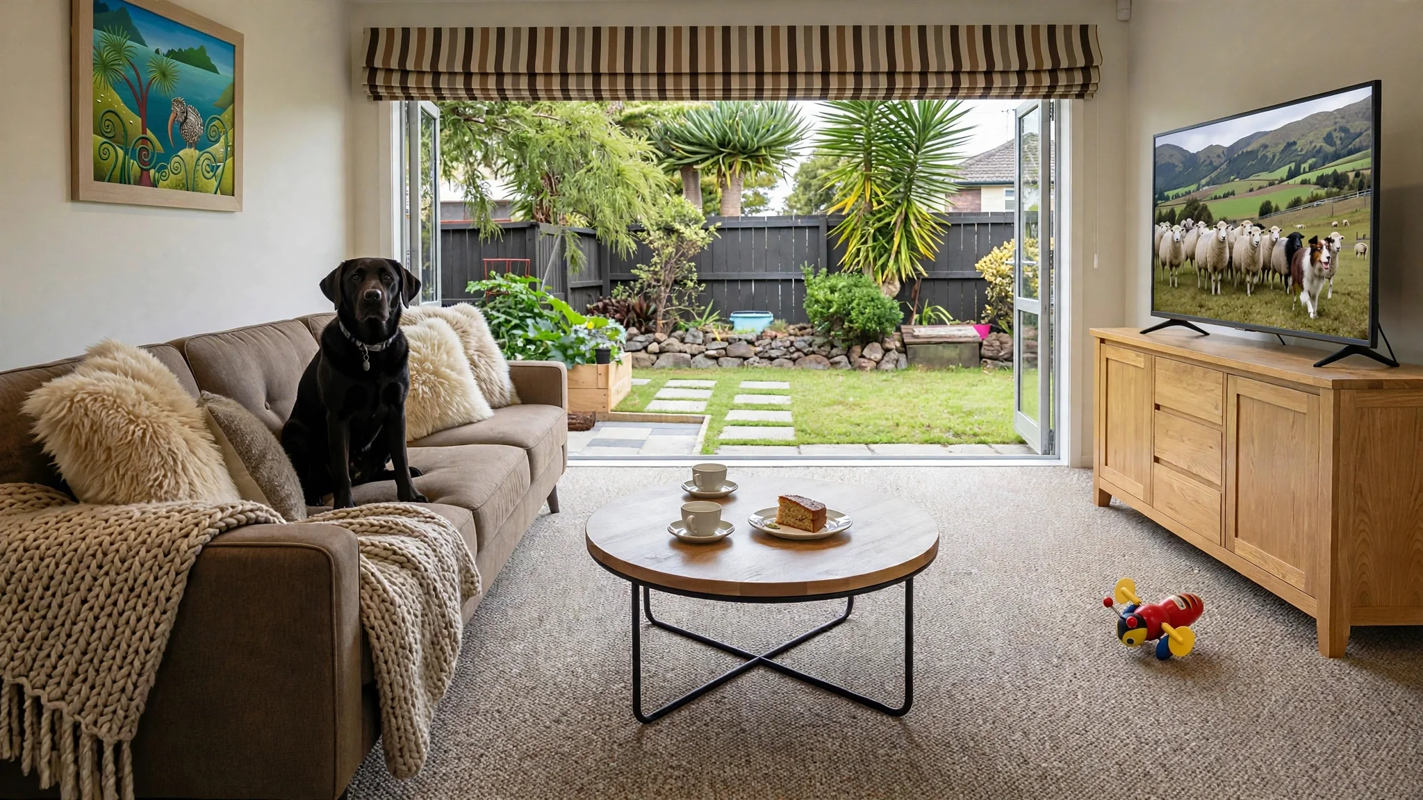 Living room with open sliding doors to a backyard garden, a black dog sitting on a sofa with beige throws and pillows, a wooden coffee table with tea cups and cake, a television with a pastoral scene, and kids' toys on the carpet.
