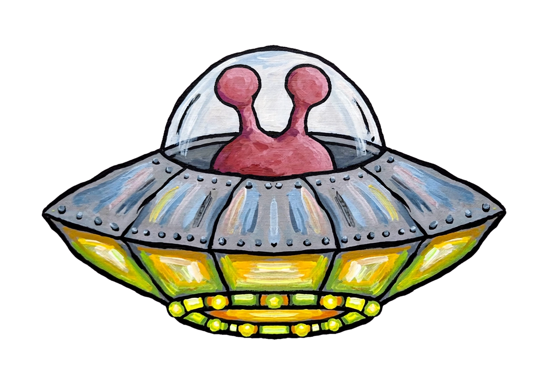 Colorful, cartoon-style illustration of a flying saucer with a pink alien inside, set against a vibrant pink background.