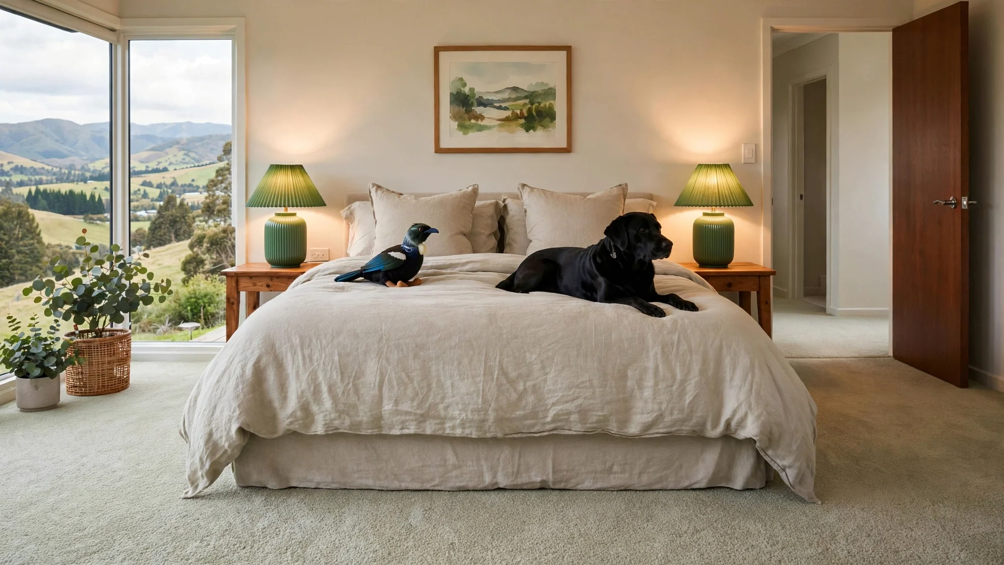 A bedroom with a large window showing a scenic view of rolling hills and trees. There are two green bedside lamps, a framed landscape picture on the wall, and a bed made with light-colored linens. On the bed are a black dog lying down and a plush toy of a bird.