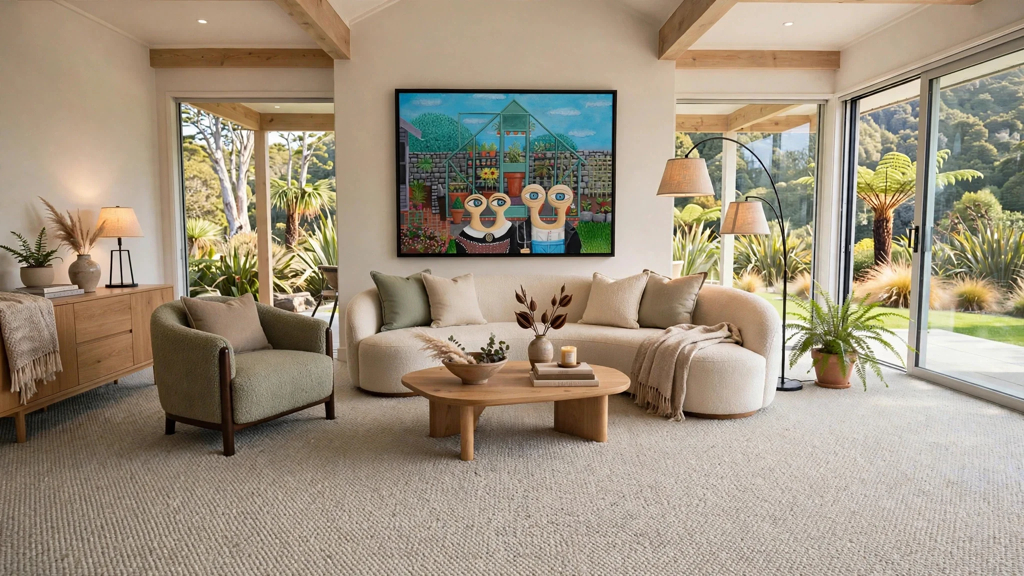 Living room with cream-colored sofa and armchair, wooden coffee table with plant and candles, artwork featuring cartoonish characters and garden scene on wall, large windows with green landscape outside, potted plants, and warm lighting.