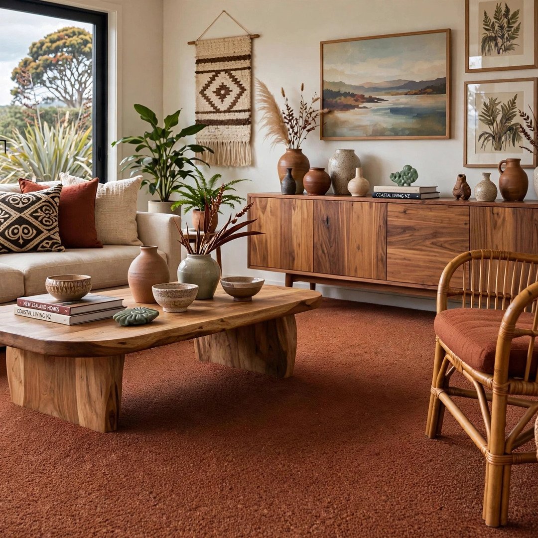 Living room with wooden furniture, potted plants, decorative pottery, framed artwork, and a window showing greenery outside.