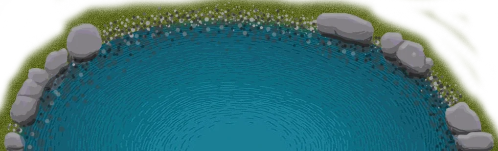 Top-down view of a circular blue pond surrounded by green grass and rocks.