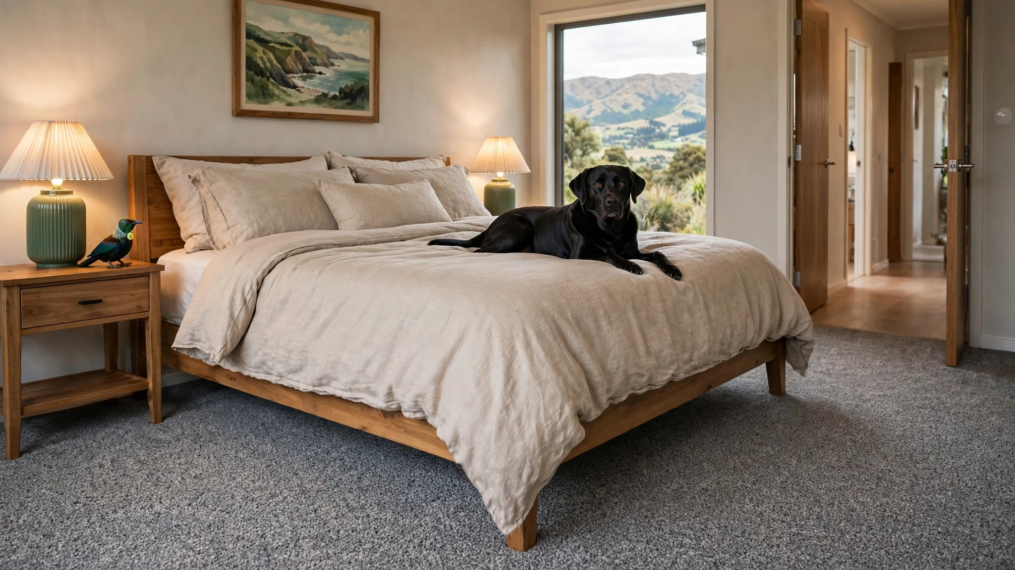 A bedroom with a large bed, beige bedding, and multiple pillows. There are two bedside lamps and a decorative bird figurine on the left nightstand. A black dog is lying on the bed. The room has a large window showing a scenic view of mountains and greenery, and a landscape painting hangs above the bed. The floor is carpeted, and there are doorways leading to other rooms.