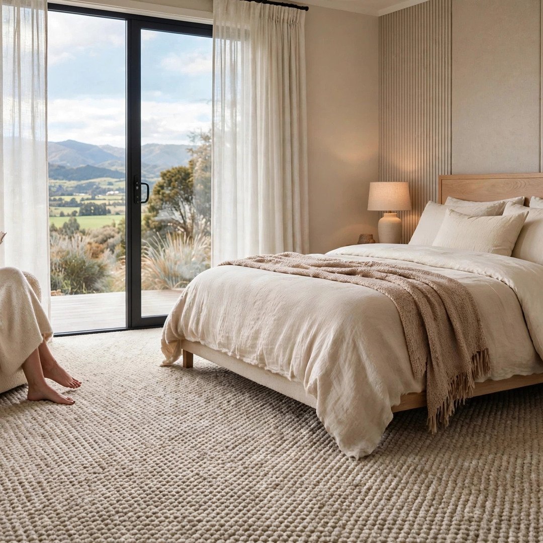 A bedroom with a large bed with beige linens, a beige blanket, and pillows. There is a nightstand with a lamp, and a sliding glass door with curtains that opens to a scenic view of mountains and greenery.